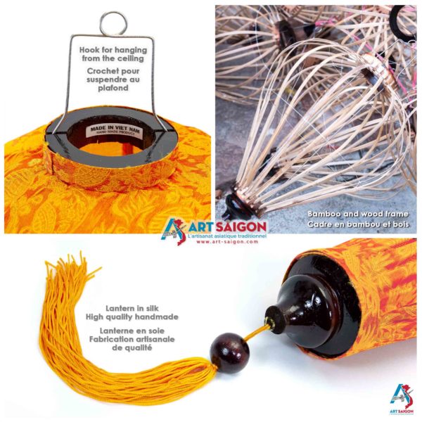 Lampion Asiatique en Soie Orange de la ville de Hoi An au Vietnam, Lanterne Traditionnel en Tissu, Bambou et Bois | Décoration et Artisanat Asiatique - Article vendu par la Boutique Art-saigon.com