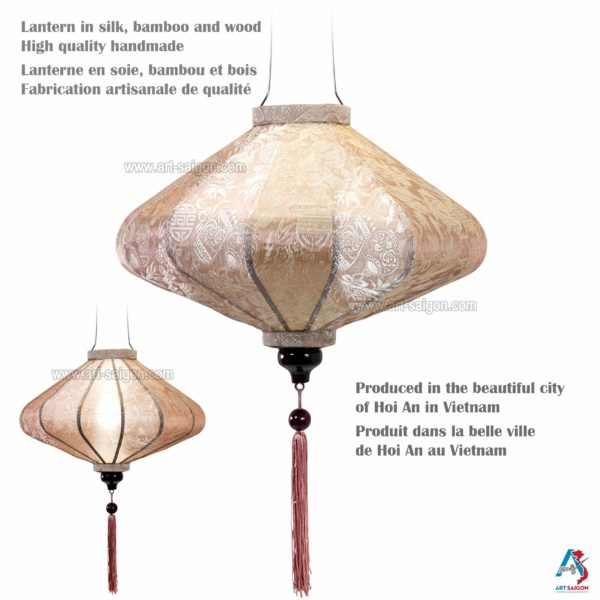Lampion Asiatique en Soie Champagne Rosé de la ville de Hoi An au Vietnam, Lanterne Traditionnel en Tissu, Bambou et Bois | Décoration et Artisanat Asiatique - Article vendu par la Boutique Art-saigon.com