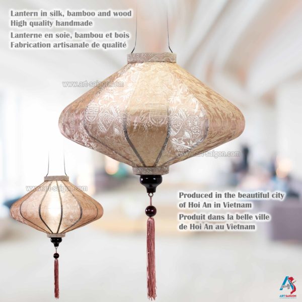Lampion Asiatique en Soie Champagne Rosé de la ville de Hoi An au Vietnam, Lanterne Traditionnel en Tissu, Bambou et Bois | Décoration et Artisanat Asiatique - Article vendu par la Boutique Art-saigon.com