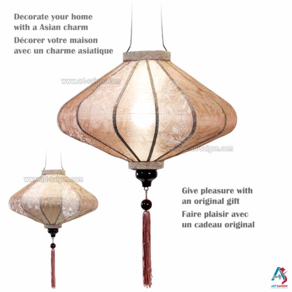 Lampion Asiatique en Soie Champagne Rosé de la ville de Hoi An au Vietnam, Lanterne Traditionnel en Tissu, Bambou et Bois | Décoration et Artisanat Asiatique - Article vendu par la Boutique Art-saigon.com