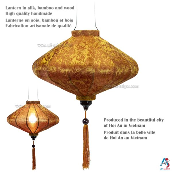 Lampion Asiatique en Soie Rouille Or de la ville de Hoi An au Vietnam, Lanterne Traditionnel en Tissu, Bambou et Bois | Décoration et Artisanat Asiatique - Article vendu par la Boutique Art-saigon.com