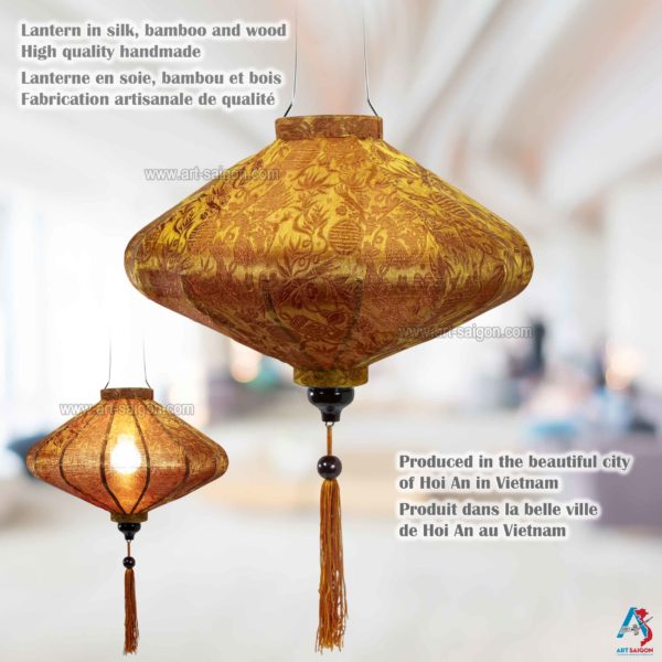 Lampion Asiatique en Soie Rouille Or de la ville de Hoi An au Vietnam, Lanterne Traditionnel en Tissu, Bambou et Bois | Décoration et Artisanat Asiatique - Article vendu par la Boutique Art-saigon.com