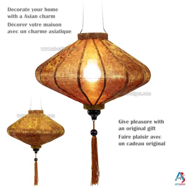 Lampion Asiatique en Soie Rouille Or de la ville de Hoi An au Vietnam, Lanterne Traditionnel en Tissu, Bambou et Bois | Décoration et Artisanat Asiatique - Article vendu par la Boutique Art-saigon.com