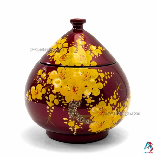 Boîte Cône en Bois Laqué Rouge, Motif Fleur de Cerisier Jaune, Fabriqué à la main | Décoration et Artisanat Asiatique - Article vendu par la Boutique Art-Saigon.com