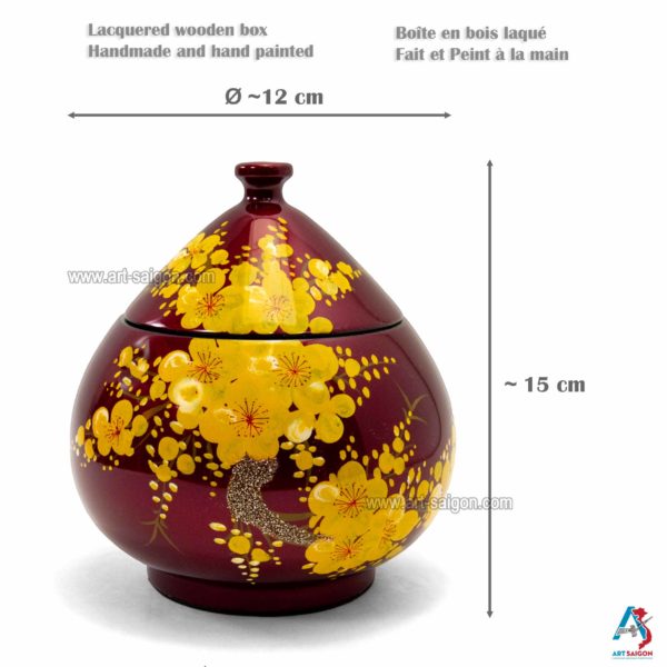 Boîte Cône en Bois Laqué Rouge, Motif Fleur de Cerisier Jaune, Fabriqué à la main | Décoration et Artisanat Asiatique - Article vendu par la Boutique Art-Saigon.com