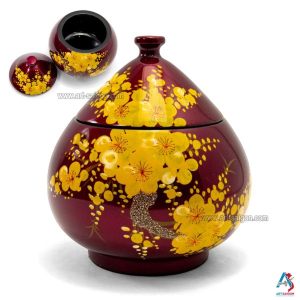 Boîte Cône en Bois Laqué Rouge, Motif Fleur de Cerisier Jaune, Fabriqué à la main | Décoration et Artisanat Asiatique - Article vendu par la Boutique Art-Saigon.com
