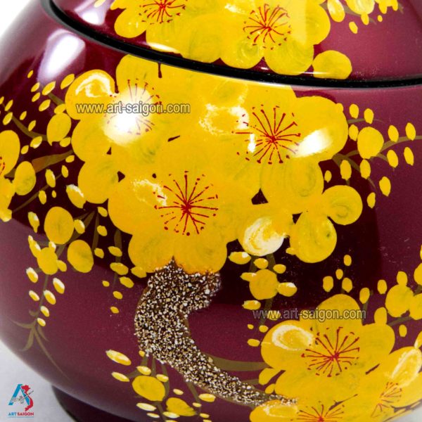 Boîte Cône en Bois Laqué Rouge, Motif Fleur de Cerisier Jaune, Fabriqué à la main | Décoration et Artisanat Asiatique - Article vendu par la Boutique Art-Saigon.com