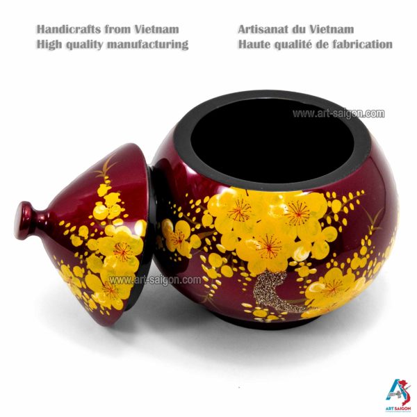 Boîte Cône en Bois Laqué Rouge, Motif Fleur de Cerisier Jaune, Fabriqué à la main | Décoration et Artisanat Asiatique - Article vendu par la Boutique Art-Saigon.com