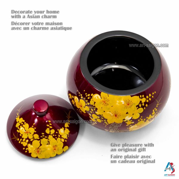 Boîte Cône en Bois Laqué Rouge, Motif Fleur de Cerisier Jaune, Fabriqué à la main | Décoration et Artisanat Asiatique - Article vendu par la Boutique Art-Saigon.com