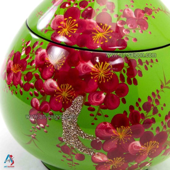 Boîte Cône en Bois Laqué Vert, Motif Fleur de Cerisier Rouge, Fabriqué à la main | Décoration et Artisanat Asiatique - Article vendu par la Boutique Art-Saigon.com