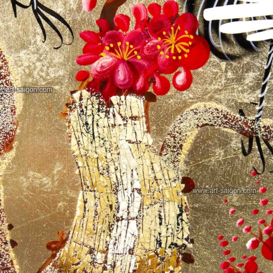 Tableau en Bois Laqué Doré, Fabriqué à la main, Motif 9 Grues et Fleur de Cerisier. Peinture et Panneau Murale du Vietnam. Décoration et Artisanat Asiatique | Article vendu par la Boutique Art-Saigon.com