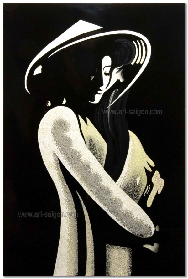 Tableau en Bois Laqué, Fabriqué à la main, Motif Étudiante Vietnamienne. Peinture et Panneau Murale du Vietnam. Décoration et Artisanat Asiatique | Article vendu par la Boutique Art-Saigon.com