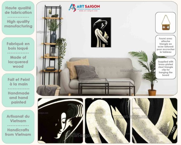 Tableau en Bois Laqué, Fabriqué à la main, Motif Étudiante Vietnamienne. Peinture et Panneau Murale du Vietnam. Décoration et Artisanat Asiatique | Article vendu par la Boutique Art-Saigon.com