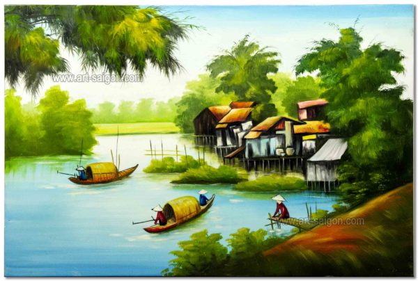 Tableau en Bois Laqué Peint, Fabriqué à la main, Motif La Campagne du Vietnam. Peinture et Panneau Murale du Vietnam. Décoration et Artisanat Asiatique | Article vendu par la Boutique Art-Saigon.com