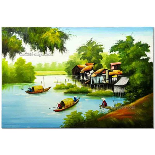 Tableau en Bois Laqué Peint, Fabriqué à la main, Motif La Campagne du Vietnam. Peinture et Panneau Murale du Vietnam. Décoration et Artisanat Asiatique | Article vendu par la Boutique Art-Saigon.com