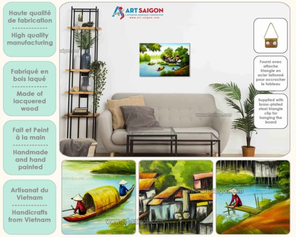 Tableau en Bois Laqué Peint, Fabriqué à la main, Motif La Campagne du Vietnam. Peinture et Panneau Murale du Vietnam. Décoration et Artisanat Asiatique | Article vendu par la Boutique Art-Saigon.com