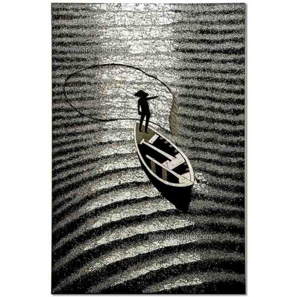 Tableau en Bois Laqué, Fabriqué à la main, Motif Le Pêcheur Vietnamien. Peinture et Panneau Murale du Vietnam. Décoration et Artisanat Asiatique | Article vendu par la Boutique Art-Saigon.com
