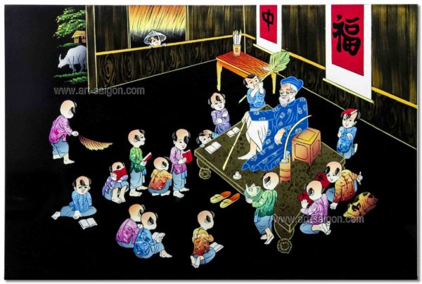 Tableau en Bois Laqué Peint, Fabriqué à la main, Motif Ông đồ Maître Calligraphe. Peinture et Panneau Murale du Vietnam. Décoration et Artisanat Asiatique | Article vendu par la Boutique Art-Saigon.com