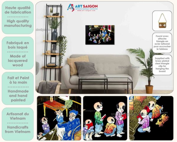 Tableau en Bois Laqué Peint, Fabriqué à la main, Motif Ông đồ Maître Calligraphe. Peinture et Panneau Murale du Vietnam. Décoration et Artisanat Asiatique | Article vendu par la Boutique Art-Saigon.com