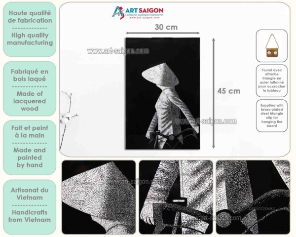 Tableau en Bois Laqué Noir et Coquille d’œuf, Fabriqué à la main, Motif Femme Vietnamienne. Peinture et Panneau Murale du Vietnam. Décoration et Artisanat Asiatique | Article vendu par la Boutique Art-Saigon.com