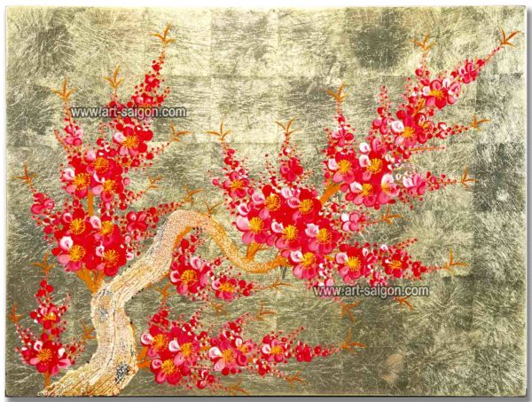 Tableau en Bois Laqué Doré, Fabriqué à la main, Motif Fleur de Cerisier. Peinture et Panneau Murale du Vietnam. Décoration et Artisanat Asiatique | Article vendu par la Boutique Art-Saigon.com