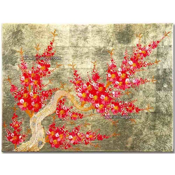 Tableau en Bois Laqué Doré, Fabriqué à la main, Motif Fleur de Cerisier. Peinture et Panneau Murale du Vietnam. Décoration et Artisanat Asiatique | Article vendu par la Boutique Art-Saigon.com