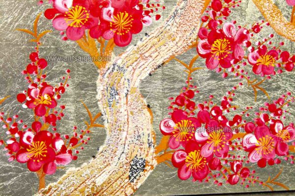 Tableau en Bois Laqué Doré, Fabriqué à la main, Motif Fleur de Cerisier. Peinture et Panneau Murale du Vietnam. Décoration et Artisanat Asiatique | Article vendu par la Boutique Art-Saigon.com