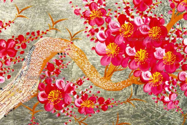 Tableau en Bois Laqué Doré, Fabriqué à la main, Motif Fleur de Cerisier. Peinture et Panneau Murale du Vietnam. Décoration et Artisanat Asiatique | Article vendu par la Boutique Art-Saigon.com