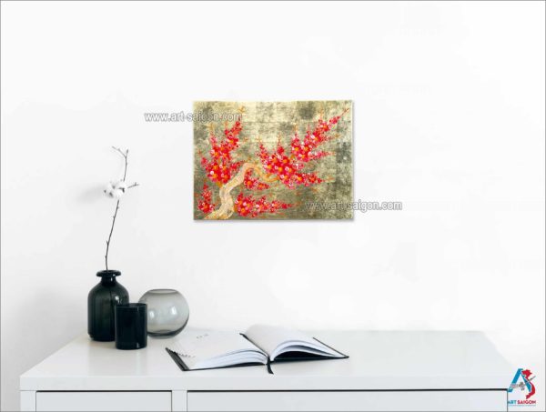 Tableau en Bois Laqué Doré, Fabriqué à la main, Motif Fleur de Cerisier. Peinture et Panneau Murale du Vietnam. Décoration et Artisanat Asiatique | Article vendu par la Boutique Art-Saigon.com