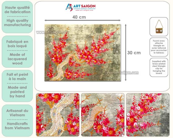 Tableau en Bois Laqué Doré, Fabriqué à la main, Motif Fleur de Cerisier. Peinture et Panneau Murale du Vietnam. Décoration et Artisanat Asiatique | Article vendu par la Boutique Art-Saigon.com