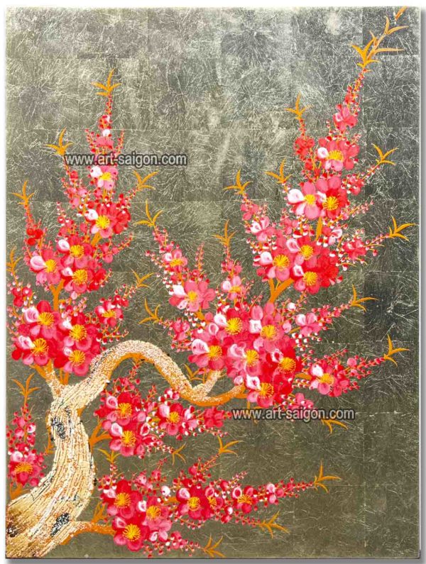 Tableau en Bois Laqué Doré, Fabriqué à la main, Motif Fleur de Cerisier. Peinture et Panneau Murale du Vietnam. Décoration et Artisanat Asiatique | Article vendu par la Boutique Art-Saigon.com