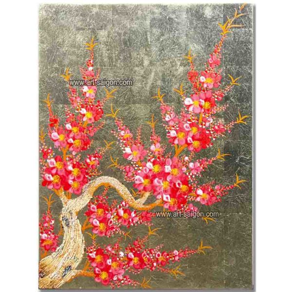 Tableau en Bois Laqué Doré, Fabriqué à la main, Motif Fleur de Cerisier. Peinture et Panneau Murale du Vietnam. Décoration et Artisanat Asiatique | Article vendu par la Boutique Art-Saigon.com