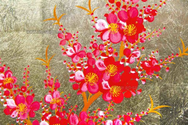Tableau en Bois Laqué Doré, Fabriqué à la main, Motif Fleur de Cerisier. Peinture et Panneau Murale du Vietnam. Décoration et Artisanat Asiatique | Article vendu par la Boutique Art-Saigon.com