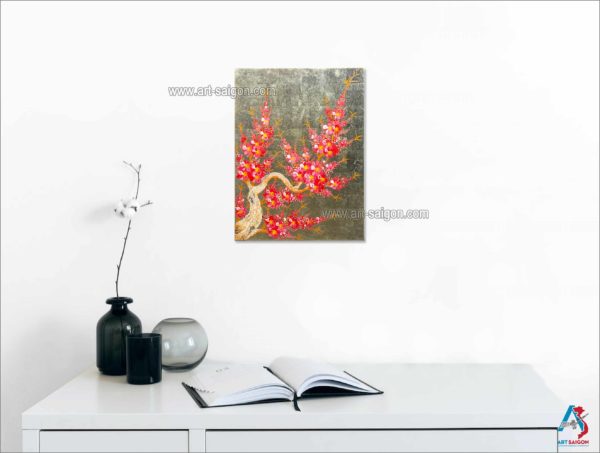 Tableau en Bois Laqué Doré, Fabriqué à la main, Motif Fleur de Cerisier. Peinture et Panneau Murale du Vietnam. Décoration et Artisanat Asiatique | Article vendu par la Boutique Art-Saigon.com