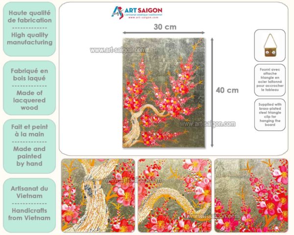 Tableau en Bois Laqué Doré, Fabriqué à la main, Motif Fleur de Cerisier. Peinture et Panneau Murale du Vietnam. Décoration et Artisanat Asiatique | Article vendu par la Boutique Art-Saigon.com