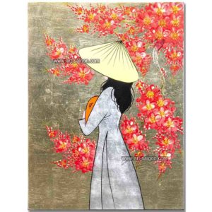 Tableau en Bois Laqué Doré, Motif Femme Vietnamienne et Fleurs de Cerisier. Peinture et Panneau Murale du Vietnam. Décoration et Artisanat Asiatique | Article vendu par la Boutique Art-Saigon.com