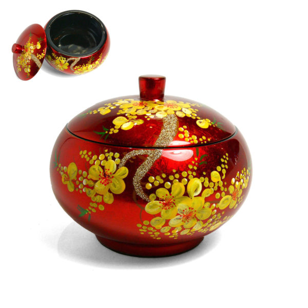 Boite Ronde en Bois Laqué Rouge, Motif Fleurs de Cerisier Jaunes. Décoration et Artisanat du Vietnam. Article vendu par la Boutique Art-saigon.com