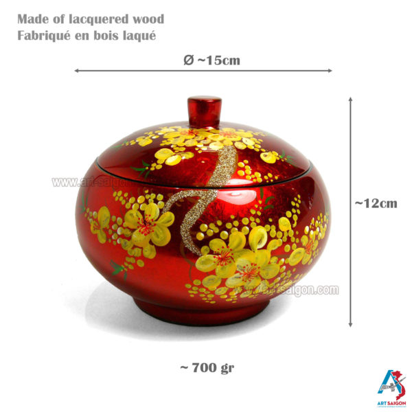 Boite Ronde en Bois Laqué Rouge, Motif Fleurs de Cerisier Jaunes. Décoration et Artisanat du Vietnam. Article vendu par la Boutique Art-saigon.com