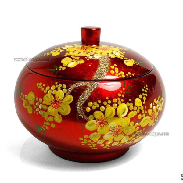 Boite Ronde en Bois Laqué Rouge, Motif Fleurs de Cerisier Jaunes. Décoration et Artisanat du Vietnam. Article vendu par la Boutique Art-saigon.com