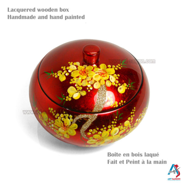 Boite Ronde en Bois Laqué Rouge, Motif Fleurs de Cerisier Jaunes. Décoration et Artisanat du Vietnam. Article vendu par la Boutique Art-saigon.com