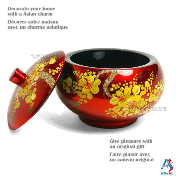Boîte en Bois Laqué Rouge - Ronde Ø15cm - Fleurs de Cerisier Jaunes (réf. S38-101) – Image 2