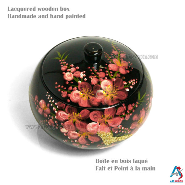 Boite Ronde en Bois Laqué Noir, Motif Fleurs de Cerisier Rouges. Décoration et Artisanat du Vietnam. Article vendu par la Boutique Art-saigon.com
