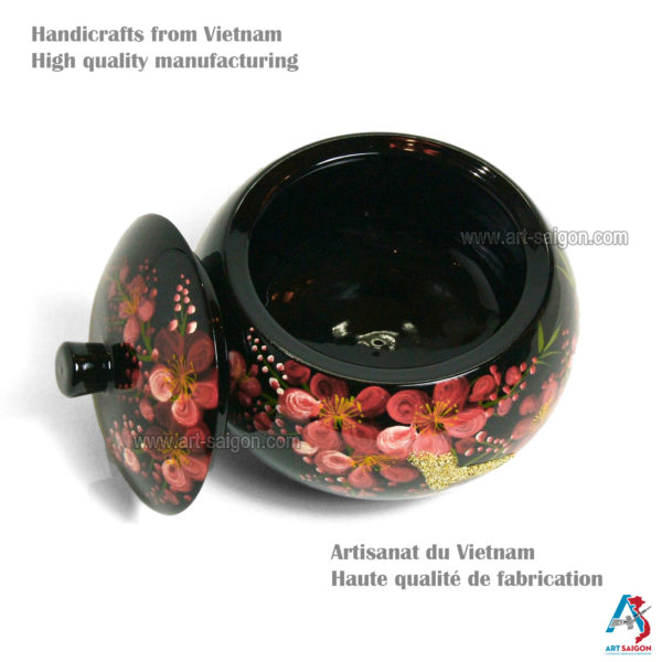Boite Ronde en Bois Laqué Noir, Motif Fleurs de Cerisier Rouges. Décoration et Artisanat du Vietnam. Article vendu par la Boutique Art-saigon.com