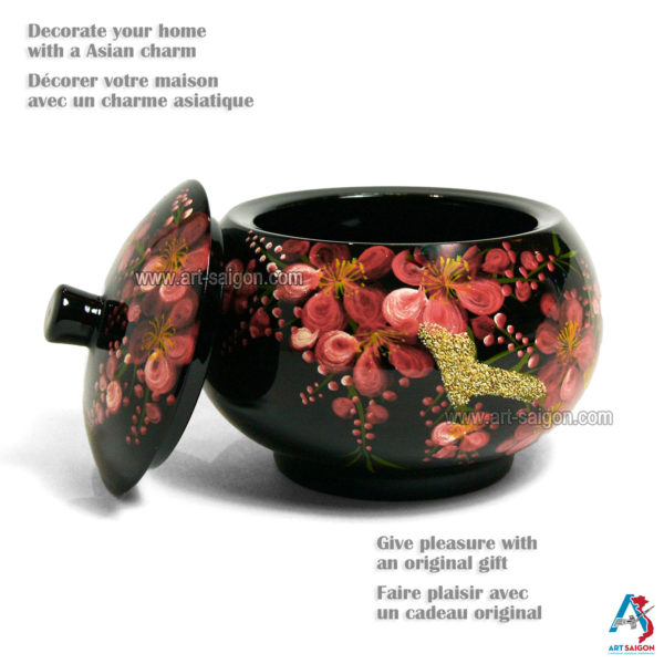 Boite Ronde en Bois Laqué Noir, Motif Fleurs de Cerisier Rouges. Décoration et Artisanat du Vietnam. Article vendu par la Boutique Art-saigon.com