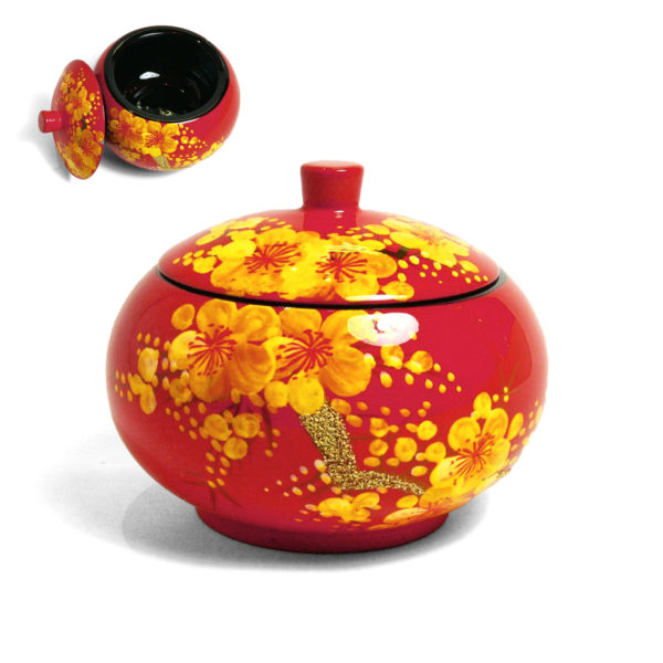 Boite Ronde en Bois Laqué Rouge, Motif Fleurs de Cerisier Jaunes. Décoration et Artisanat du Vietnam. Article vendu par la Boutique Art-saigon.com