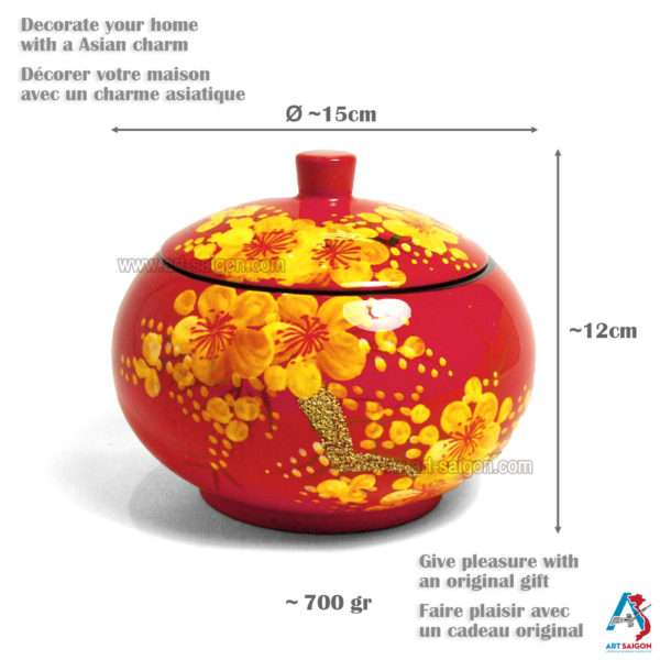 Boite Ronde en Bois Laqué Rouge, Motif Fleurs de Cerisier Jaunes. Décoration et Artisanat du Vietnam. Article vendu par la Boutique Art-saigon.com