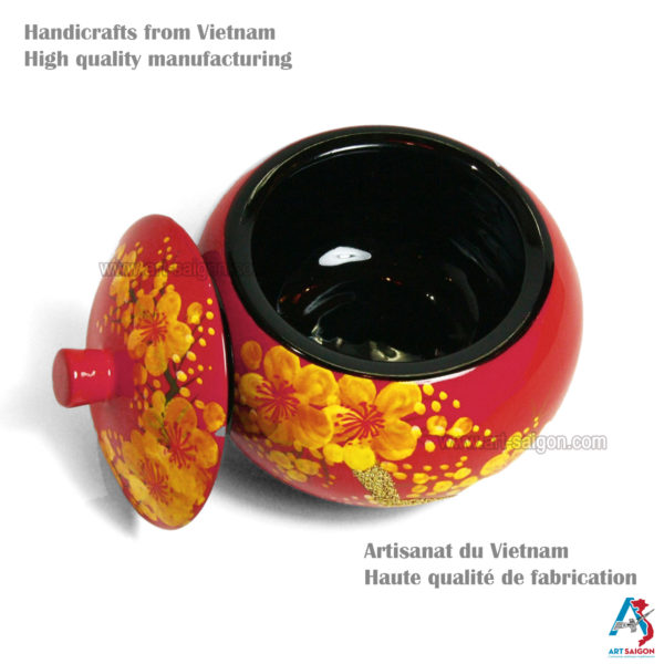 Boite Ronde en Bois Laqué Rouge, Motif Fleurs de Cerisier Jaunes. Décoration et Artisanat du Vietnam. Article vendu par la Boutique Art-saigon.com