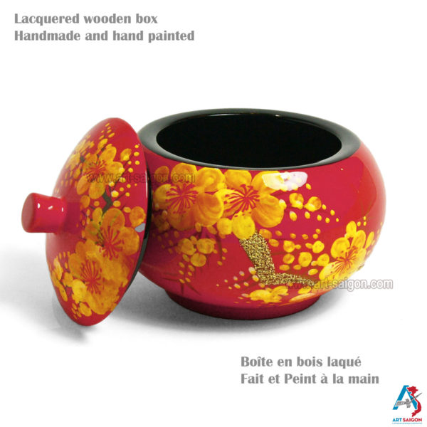 Boite Ronde en Bois Laqué Rouge, Motif Fleurs de Cerisier Jaunes. Décoration et Artisanat du Vietnam. Article vendu par la Boutique Art-saigon.com