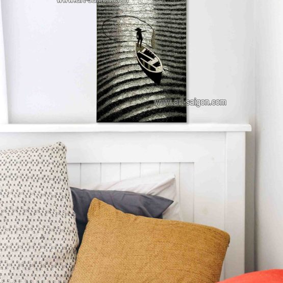 Tableau en Bois Laqué, Fabriqué à la main, Motif Le Pêcheur Vietnamien. Peinture et Panneau Murale du Vietnam. Décoration et Artisanat Asiatique | Article vendu par la Boutique Art-Saigon.com