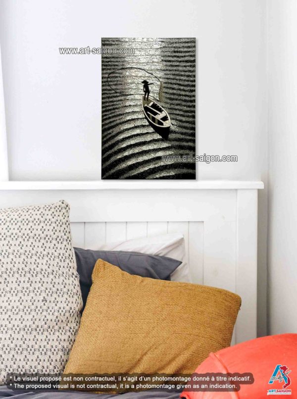 Tableau en Bois Laqué, Fabriqué à la main, Motif Le Pêcheur Vietnamien. Peinture et Panneau Murale du Vietnam. Décoration et Artisanat Asiatique | Article vendu par la Boutique Art-Saigon.com